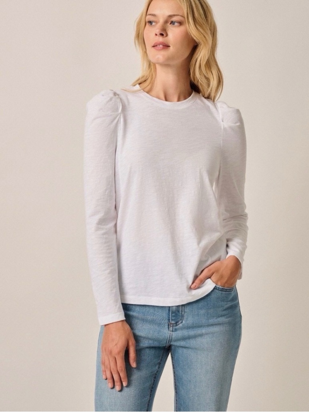 johnnie-O White Puff Shoulder Long-Sleeve Tee
